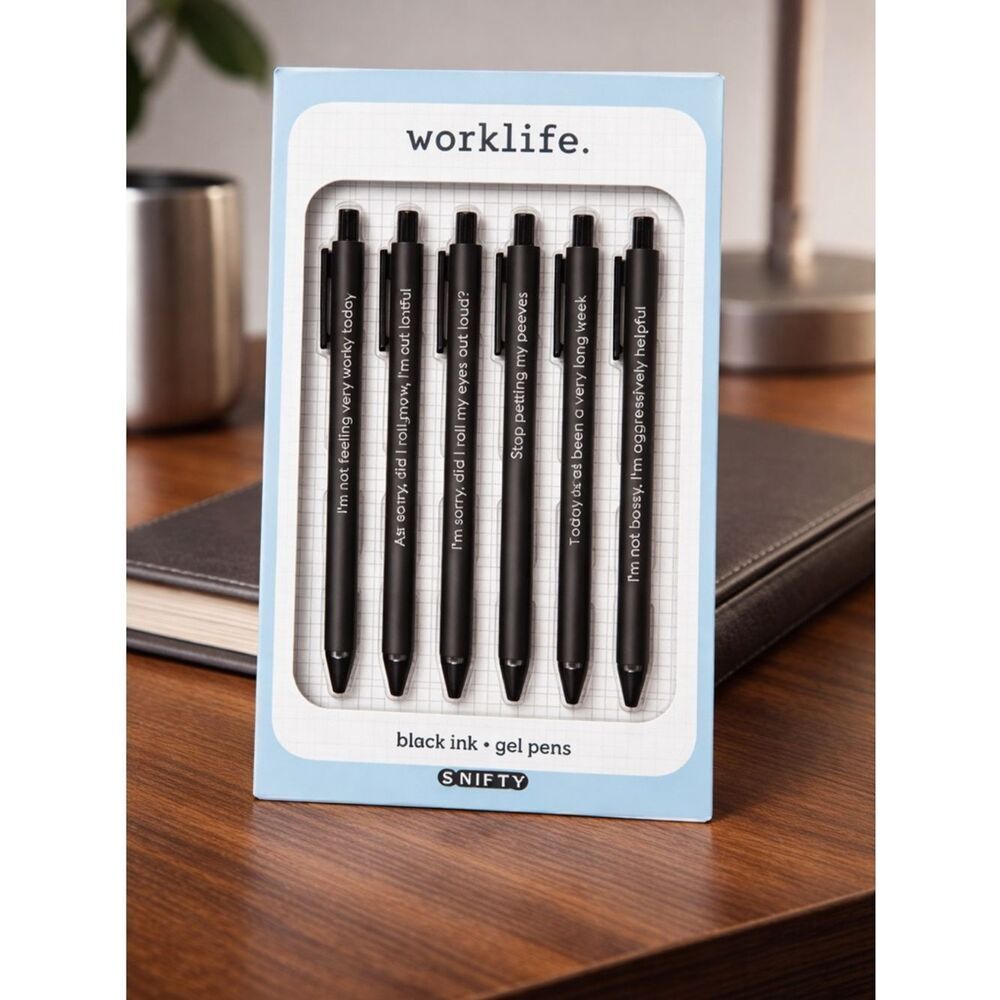 NOB Worklife Set of 6 Black Gel Pens with Humorous Quotes